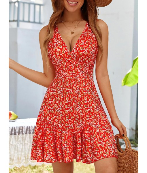 FENSACE Women's Summer Sleeveless Sexy Wrap V Neck Floral Sundress Mini Dress