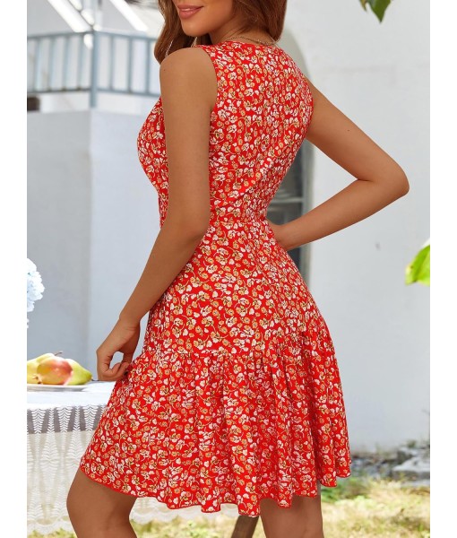 FENSACE Women's Summer Sleeveless Sexy Wrap V Neck Floral Sundress Mini Dress