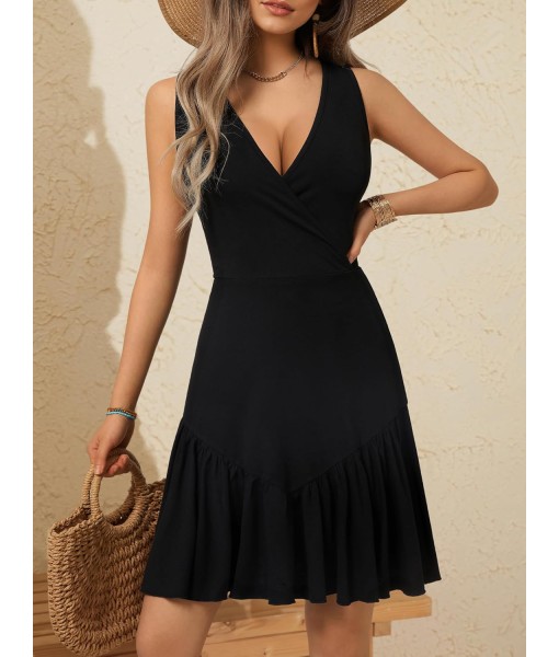 FENSACE Women's Summer Sleeveless Sexy Wrap V Neck Floral Sundress Mini Dress