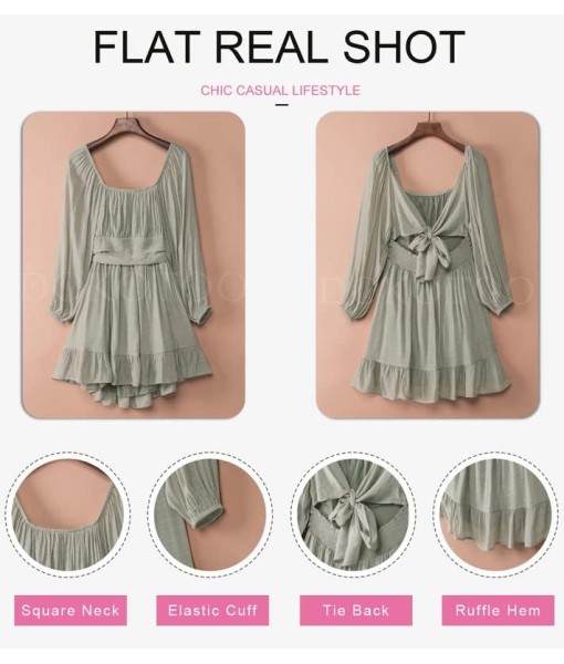 Dokotoo Womens Dress Long Lantern Sleeve Square Neck Tie Backless Sexy Dress Ruffle Elastic Waist A-Line Mini Dress