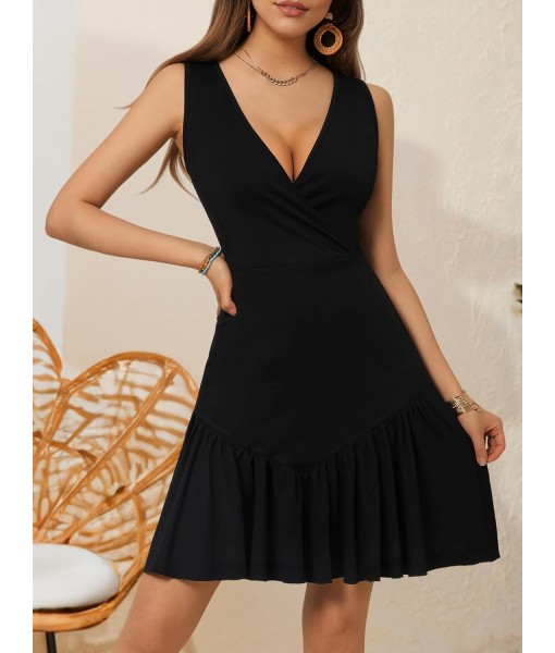 FENSACE Women's Summer Sleeveless Sexy Wrap V Neck Floral Sundress Mini Dress