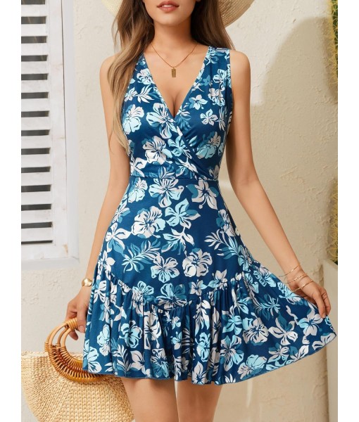 FENSACE Women's Summer Sleeveless Sexy Wrap V Neck Floral Sundress Mini Dress