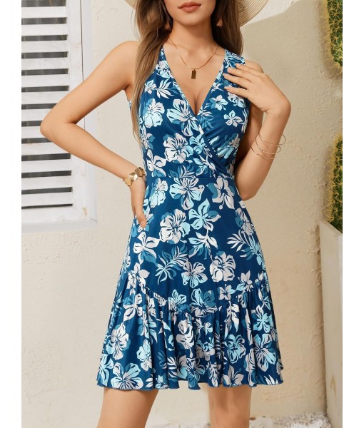 FENSACE Women's Summer Sleeveless Sexy Wrap V Neck Floral Sundress Mini Dress