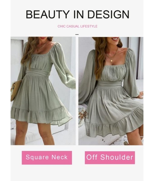 Dokotoo Womens Dress Long Lantern Sleeve Square Neck Tie Backless Sexy Dress Ruffle Elastic Waist A-Line Mini Dress