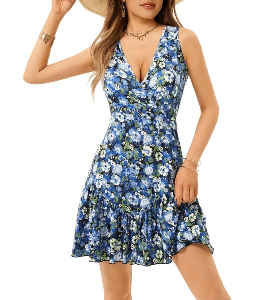 FENSACE Women's Summer Sleeveless Sexy Wrap V Neck Floral Sundress Mini Dress
