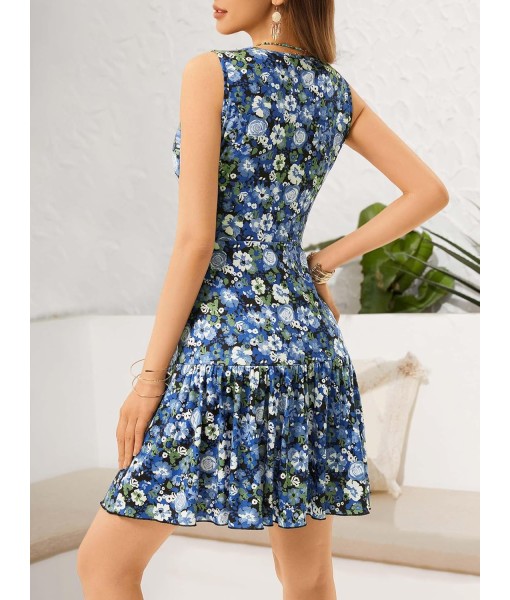FENSACE Women's Summer Sleeveless Sexy Wrap V Neck Floral Sundress Mini Dress