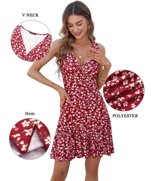 FENSACE Women's Summer Sleeveless Sexy Wrap V Neck Floral Sundress Mini Dress