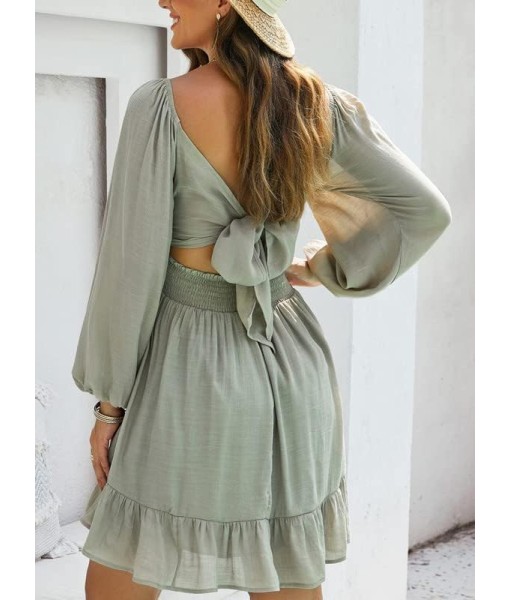 Dokotoo Womens Dress Long Lantern Sleeve Square Neck Tie Backless Sexy Dress Ruffle Elastic Waist A-Line Mini Dress