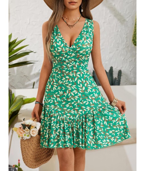 FENSACE Women's Summer Sleeveless Sexy Wrap V Neck Floral Sundress Mini Dress