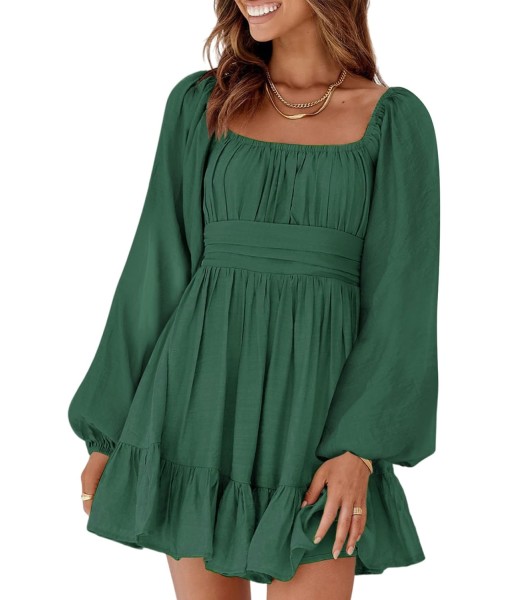 Dokotoo Womens Dress Long Lantern Sleeve Square Neck Tie Backless Sexy Dress Ruffle Elastic Waist A-Line Mini Dress