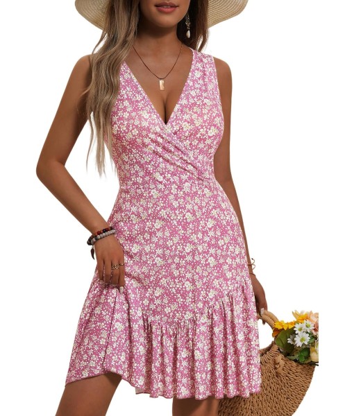 FENSACE Women's Summer Sleeveless Sexy Wrap V Neck Floral Sundress Mini Dress