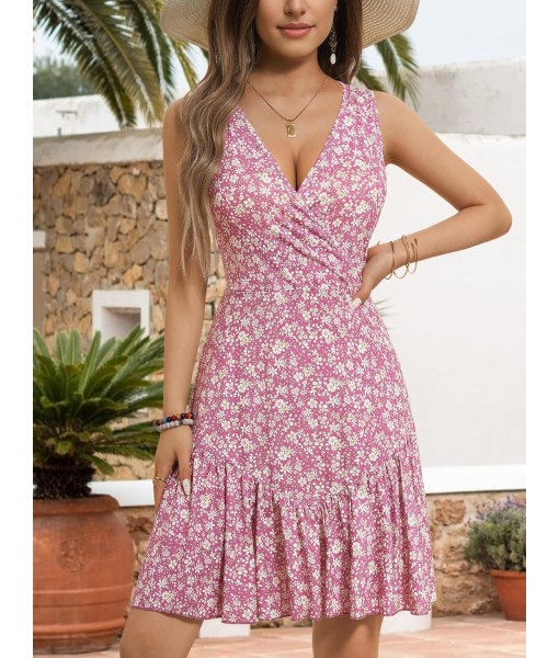 FENSACE Women's Summer Sleeveless Sexy Wrap V Neck Floral Sundress Mini Dress