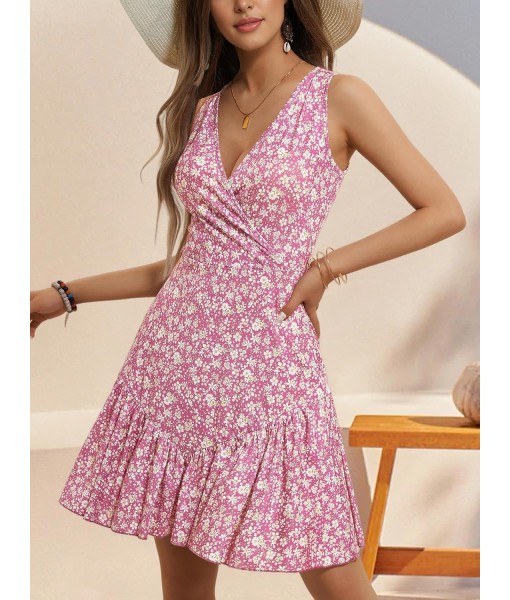 FENSACE Women's Summer Sleeveless Sexy Wrap V Neck Floral Sundress Mini Dress