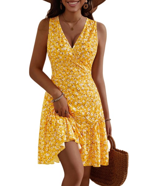 FENSACE Women's Summer Sleeveless Sexy Wrap V Neck Floral Sundress Mini Dress
