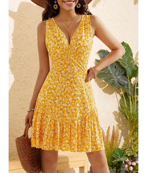 FENSACE Women's Summer Sleeveless Sexy Wrap V Neck Floral Sundress Mini Dress