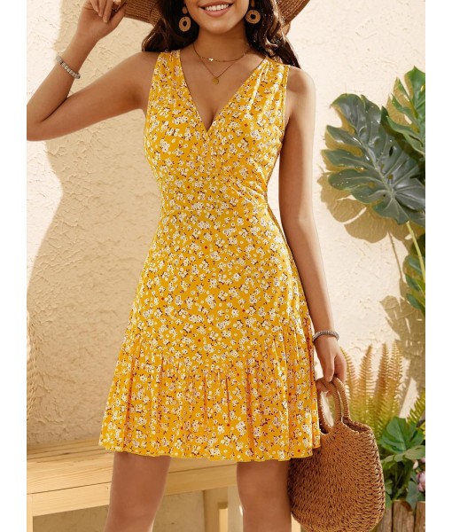 FENSACE Women's Summer Sleeveless Sexy Wrap V Neck Floral Sundress Mini Dress