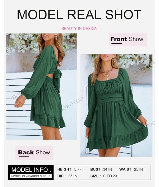 Dokotoo Womens Dress Long Lantern Sleeve Square Neck Tie Backless Sexy Dress Ruffle Elastic Waist A-Line Mini Dress