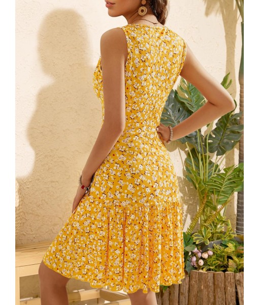 FENSACE Women's Summer Sleeveless Sexy Wrap V Neck Floral Sundress Mini Dress