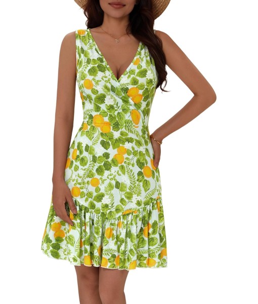 FENSACE Women's Summer Sleeveless Sexy Wrap V Neck Floral Sundress Mini Dress