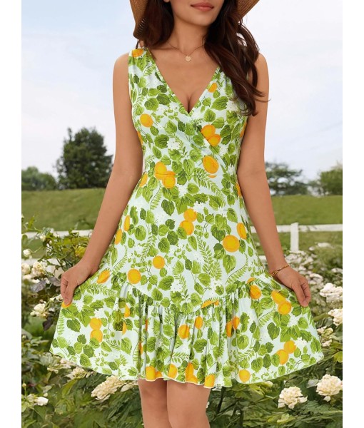 FENSACE Women's Summer Sleeveless Sexy Wrap V Neck Floral Sundress Mini Dress