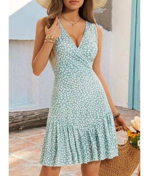 FENSACE Women's Summer Sleeveless Sexy Wrap V Neck Floral Sundress Mini Dress