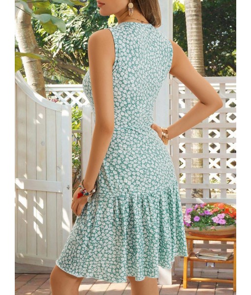 FENSACE Women's Summer Sleeveless Sexy Wrap V Neck Floral Sundress Mini Dress