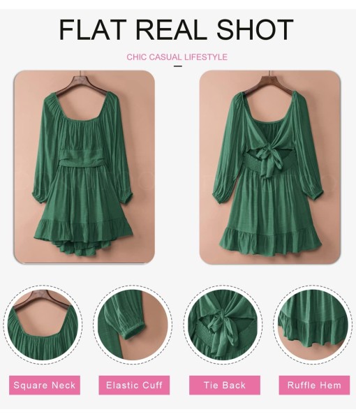 Dokotoo Womens Dress Long Lantern Sleeve Square Neck Tie Backless Sexy Dress Ruffle Elastic Waist A-Line Mini Dress
