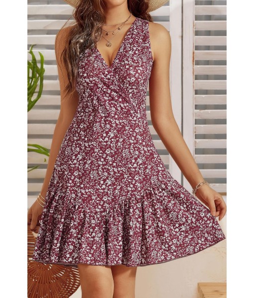 FENSACE Women's Summer Sleeveless Sexy Wrap V Neck Floral Sundress Mini Dress