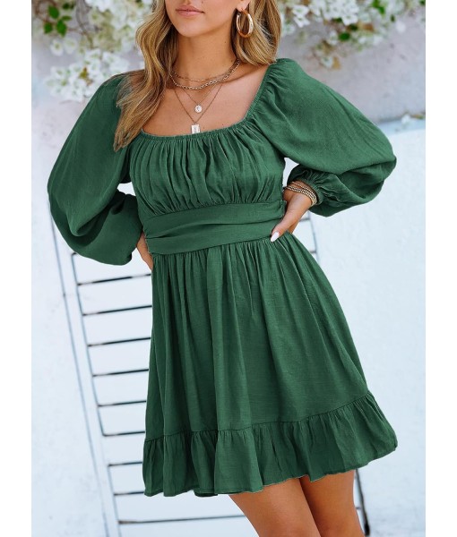 Dokotoo Womens Dress Long Lantern Sleeve Square Neck Tie Backless Sexy Dress Ruffle Elastic Waist A-Line Mini Dress