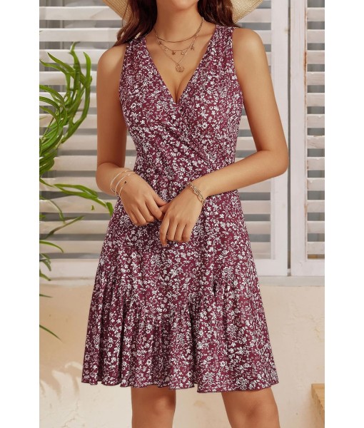 FENSACE Women's Summer Sleeveless Sexy Wrap V Neck Floral Sundress Mini Dress