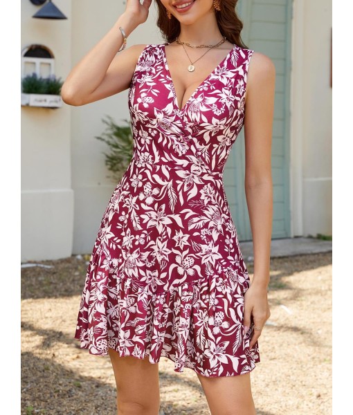 FENSACE Women's Summer Sleeveless Sexy Wrap V Neck Floral Sundress Mini Dress