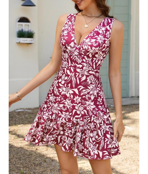 FENSACE Women's Summer Sleeveless Sexy Wrap V Neck Floral Sundress Mini Dress