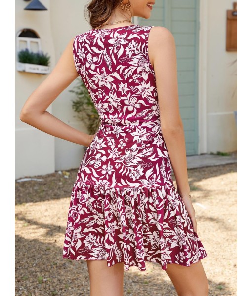 FENSACE Women's Summer Sleeveless Sexy Wrap V Neck Floral Sundress Mini Dress