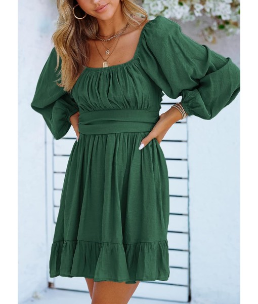 Dokotoo Womens Dress Long Lantern Sleeve Square Neck Tie Backless Sexy Dress Ruffle Elastic Waist A-Line Mini Dress