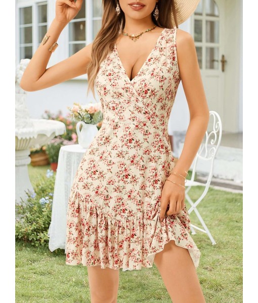 FENSACE Women's Summer Sleeveless Sexy Wrap V Neck Floral Sundress Mini Dress