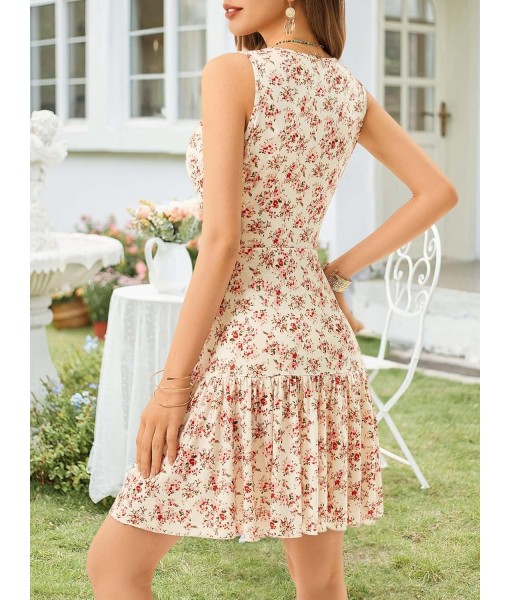 FENSACE Women's Summer Sleeveless Sexy Wrap V Neck Floral Sundress Mini Dress