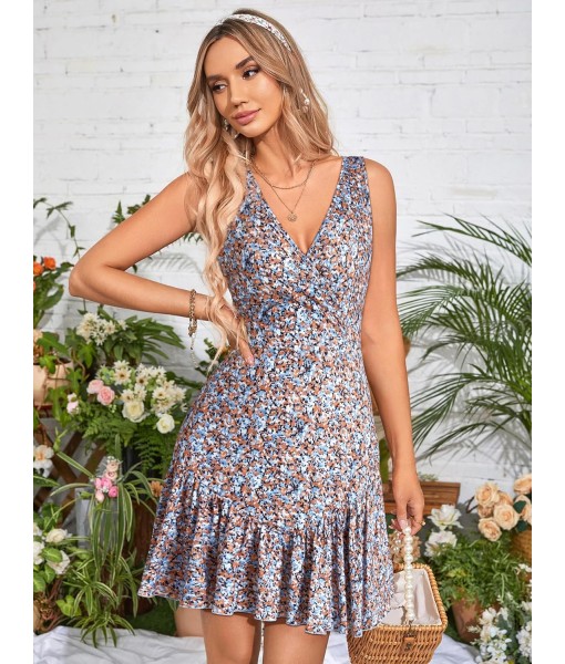 FENSACE Women's Summer Sleeveless Sexy Wrap V Neck Floral Sundress Mini Dress