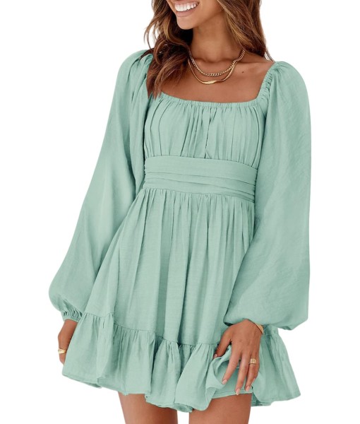 Dokotoo Womens Dress Long Lantern Sleeve Square Neck Tie Backless Sexy Dress Ruffle Elastic Waist A-Line Mini Dress