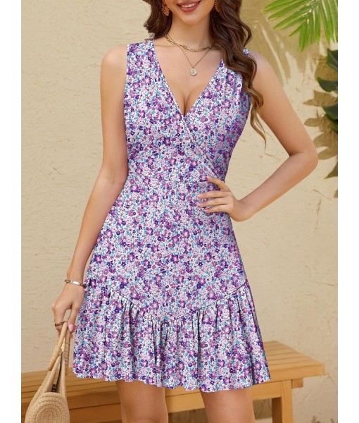 FENSACE Women's Summer Sleeveless Sexy Wrap V Neck Floral Sundress Mini Dress