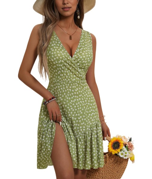 FENSACE Women's Summer Sleeveless Sexy Wrap V Neck Floral Sundress Mini Dress