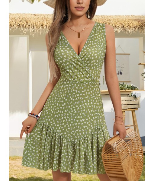 FENSACE Women's Summer Sleeveless Sexy Wrap V Neck Floral Sundress Mini Dress