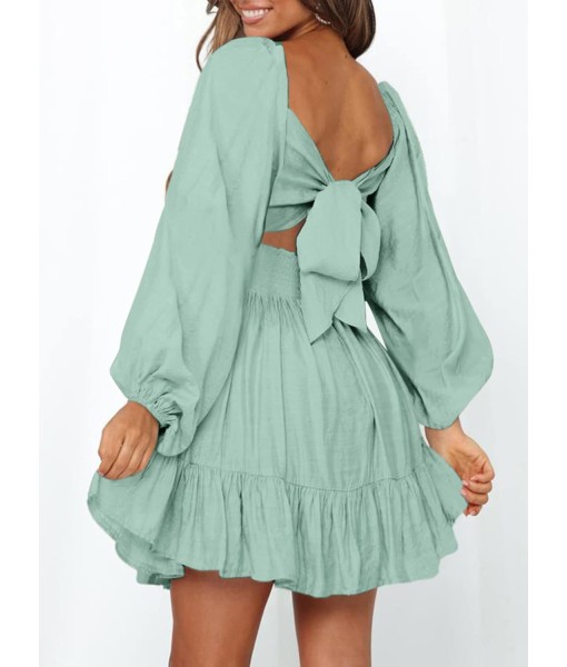 Dokotoo Womens Dress Long Lantern Sleeve Square Neck Tie Backless Sexy Dress Ruffle Elastic Waist A-Line Mini Dress
