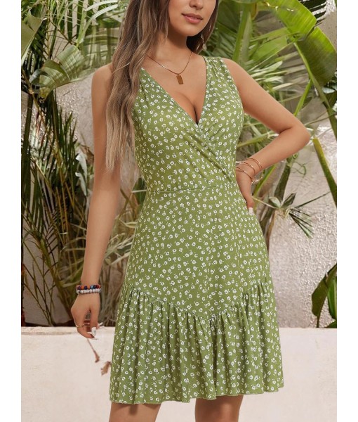 FENSACE Women's Summer Sleeveless Sexy Wrap V Neck Floral Sundress Mini Dress