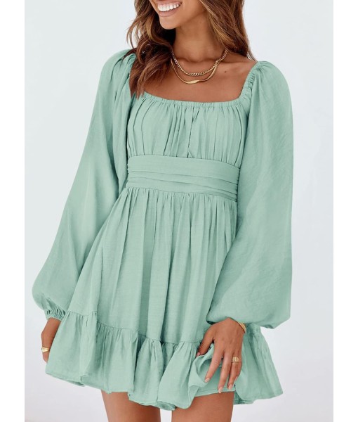 Dokotoo Womens Dress Long Lantern Sleeve Square Neck Tie Backless Sexy Dress Ruffle Elastic Waist A-Line Mini Dress