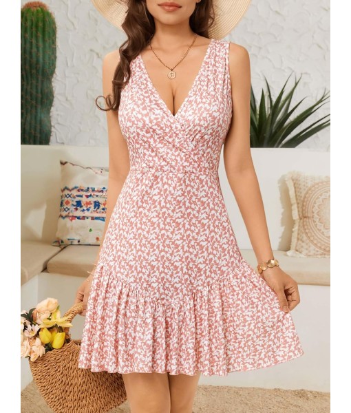 FENSACE Women's Summer Sleeveless Sexy Wrap V Neck Floral Sundress Mini Dress