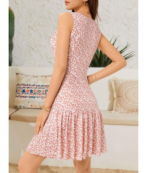 FENSACE Women's Summer Sleeveless Sexy Wrap V Neck Floral Sundress Mini Dress