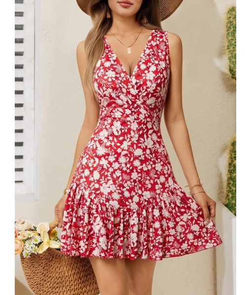 FENSACE Women's Summer Sleeveless Sexy Wrap V Neck Floral Sundress Mini Dress