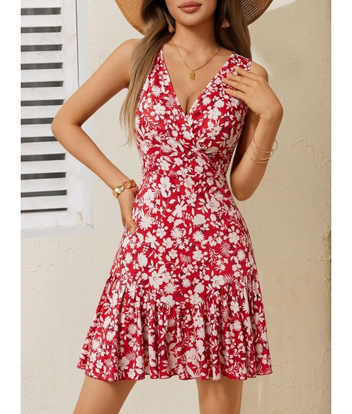 FENSACE Women's Summer Sleeveless Sexy Wrap V Neck Floral Sundress Mini Dress