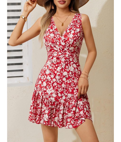 FENSACE Women's Summer Sleeveless Sexy Wrap V Neck Floral Sundress Mini Dress