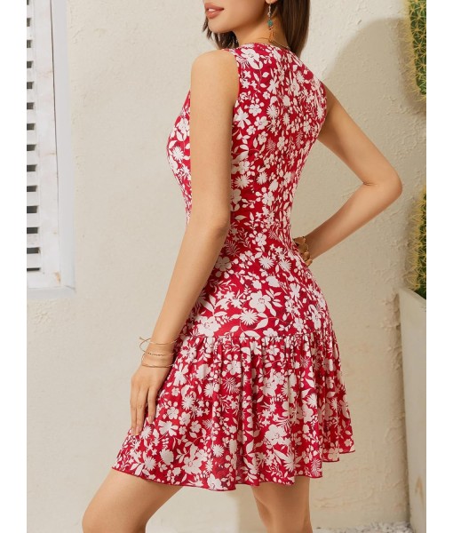 FENSACE Women's Summer Sleeveless Sexy Wrap V Neck Floral Sundress Mini Dress